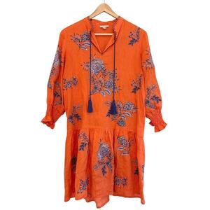 Tyler Boe XS Orange Linen Floral Tassel Tie Long Sleeve Drop Waist Dress